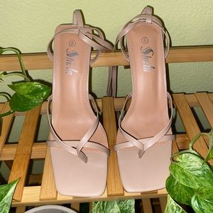Vegan nude leather square toe lace up block heels